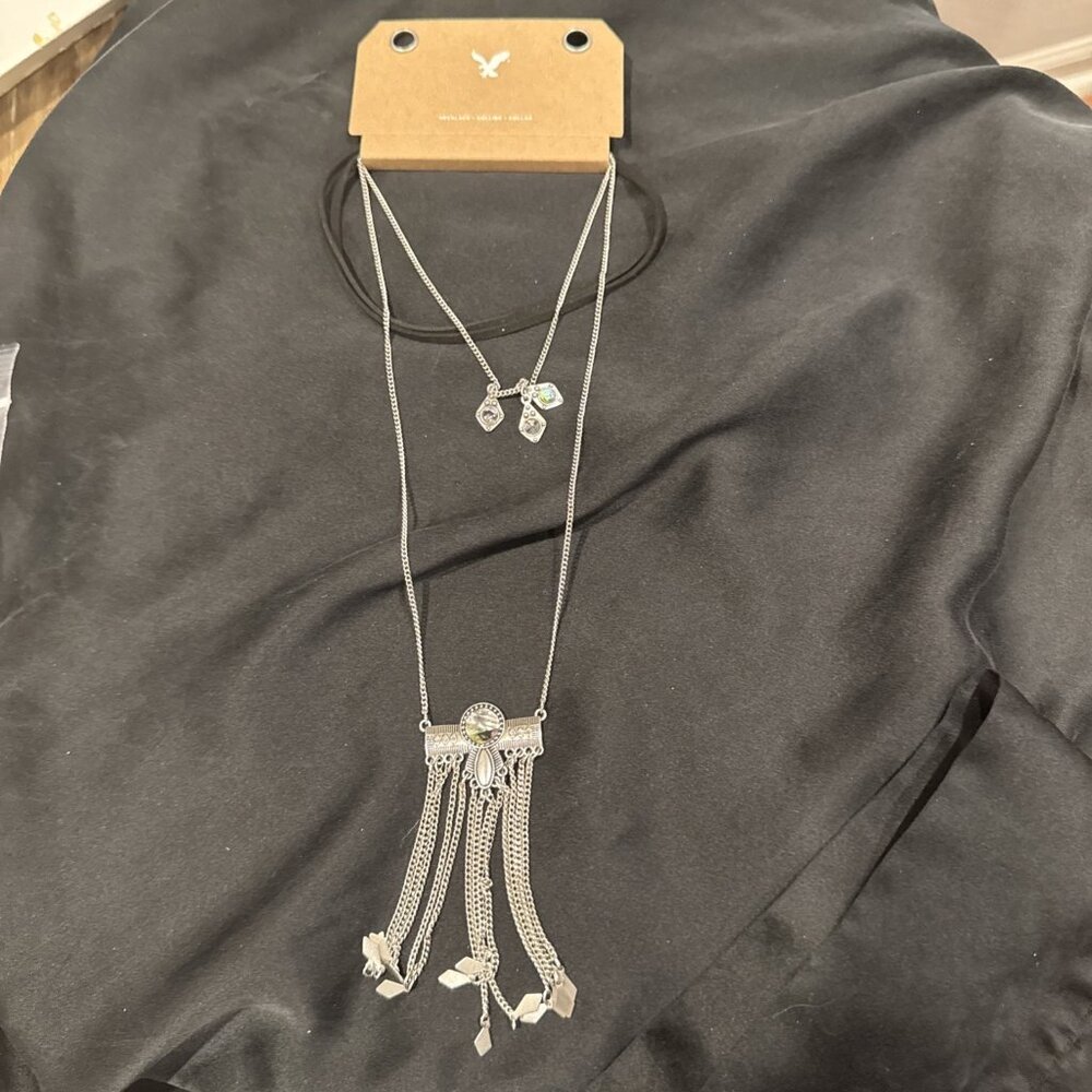 AE Three Chain Layered SilverTone 12" Long Pendant Tassel Statement Necklace NEW